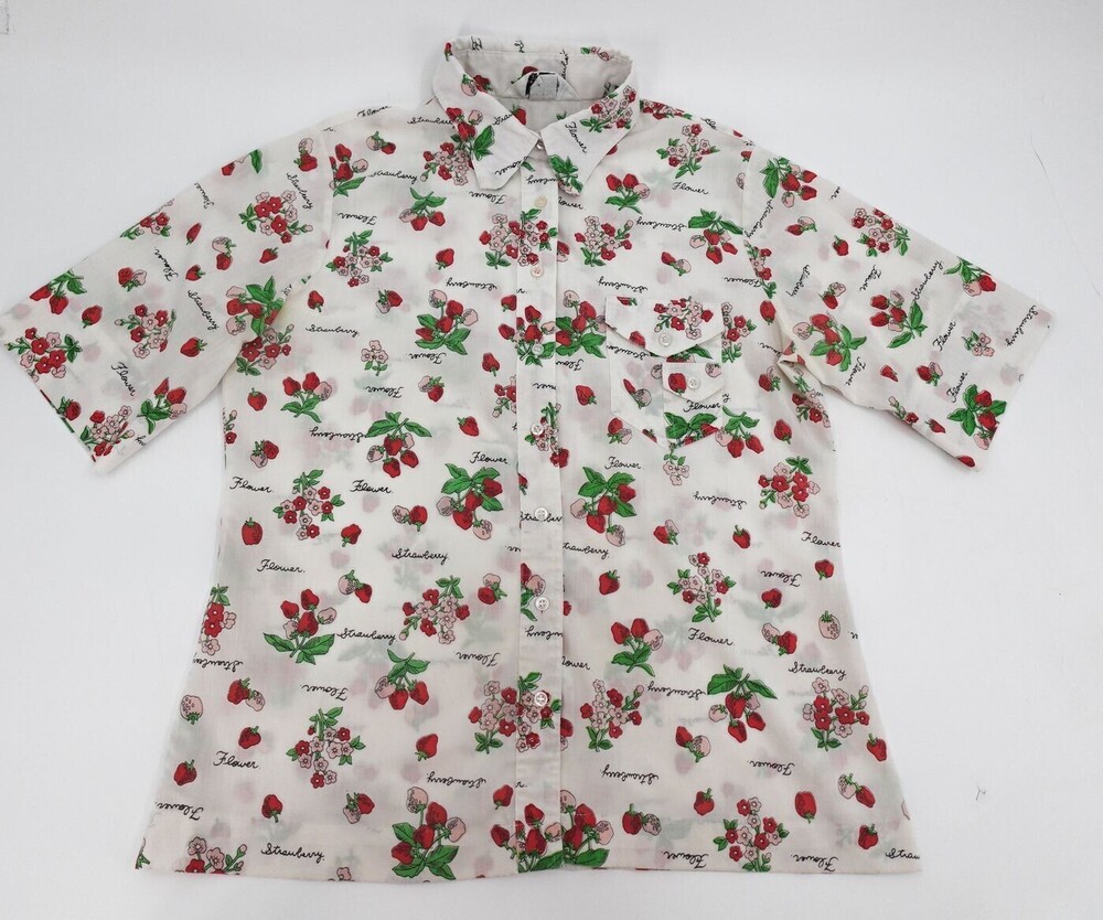 Miss Holly Blouse Womens 36 White Graphic Strawberry Floral Vintage Short Sleeve